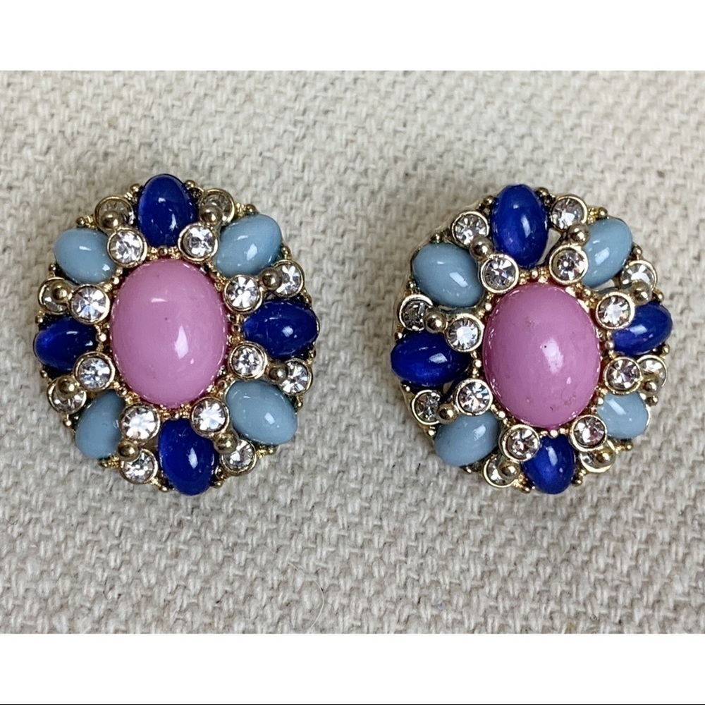Gold Pink Blue gem Rhinestone cluster earrings